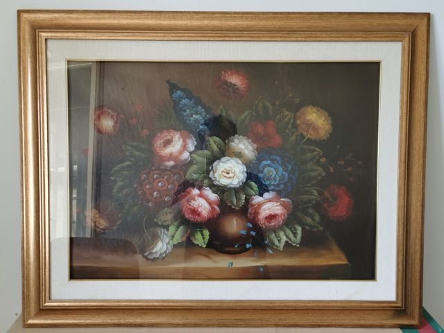 Quadro con cornice dorata in legno, natura morta