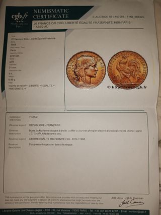 Moneda de oro 20  francos 1908