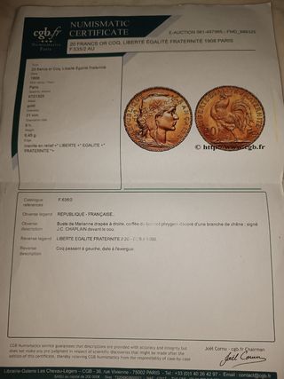 Moneda de oro 20  francos 1908