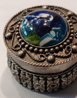 Porta pillole placcata argento e vetro 