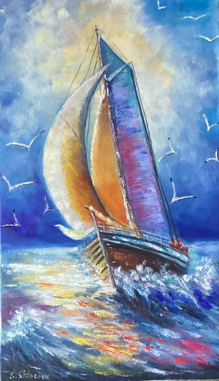 Cuadro al óleo de Barco moderno, interior