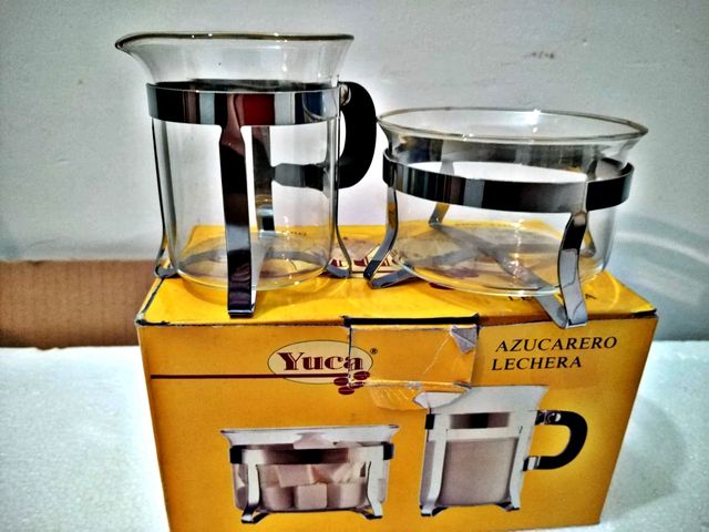 set leche y azucar yuca vidrio acero abs
