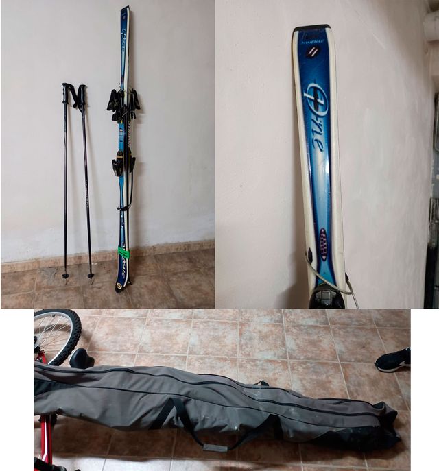 Dos pares de esquis + bastones + bolsa transporte