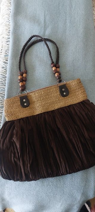 Bolso marrón tela y rafia