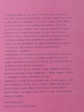 LP ROSA ZARAGOZA Canciones judíos catalanes
