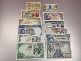 Lote 12 Billetes 1.000, 100, 50, 25, 10, 1... Pts