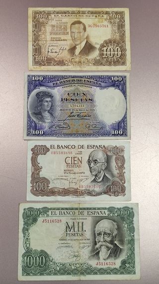 Lote 12 Billetes 1.000, 100, 50, 25, 10, 1... Pts