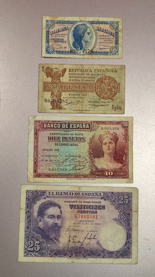 Lote 12 Billetes 1.000, 100, 50, 25, 10, 1... Pts
