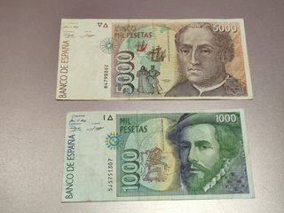 Lote 2 Billetes 5.000 y 1.000 Pts. 