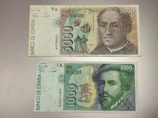 Lote 2 Billetes 5.000 y 1.000 Pts. 