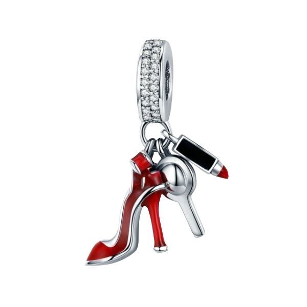 Charm colgante con tacón, pintalabios y espejo. de