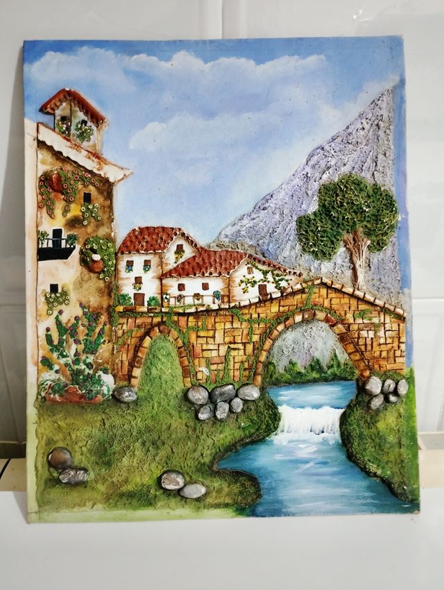 Tela pintada a óleo com relevo