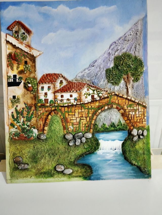 Tela pintada a óleo com relevo