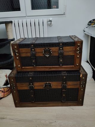 Set baule vintage in legno e pelle