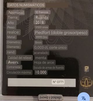 Moneda de oro 9999 y diamante