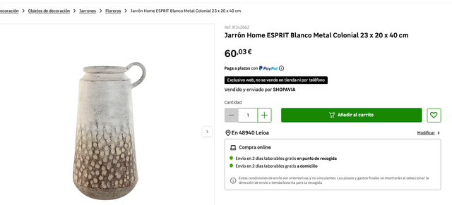 Jarrón Home ESPRIT Blanco Metal Colonial 23 x 40