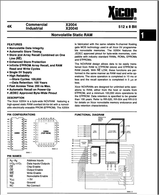 Memoria RAM NO VOLATIL NVRAM XICOR X2004D