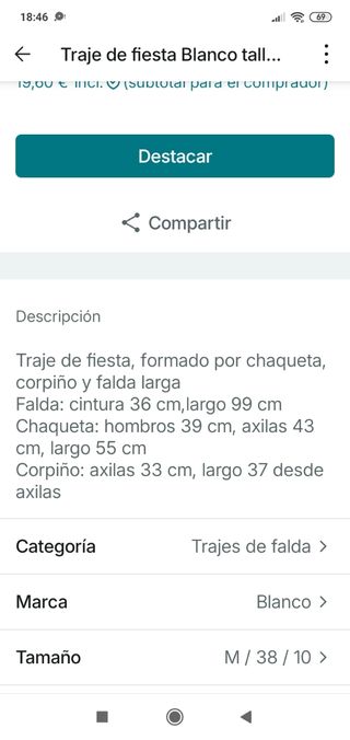 Traje de fiesta Blanco talla M