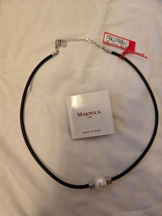 Collar plata cuero y perla