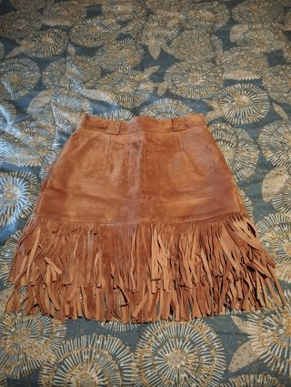 Falda Cuero con Flecos. Vintage Marrón 