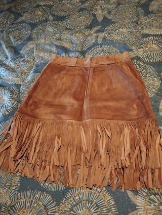 Falda Cuero con Flecos. Vintage Marrón 