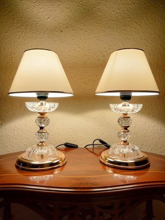 GRANDE COPPIA DI LAMPADE VINTAGE IN CRISTALLO DI BRONZO