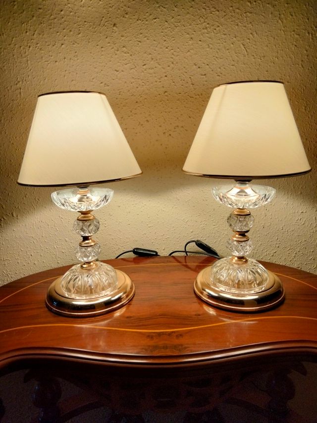 GRANDE COPPIA DI LAMPADE VINTAGE IN CRISTALLO DI BRONZO