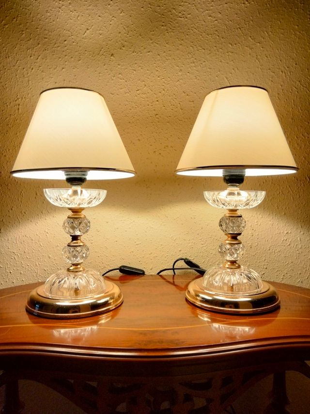 GRANDE COPPIA DI LAMPADE VINTAGE IN CRISTALLO DI BRONZO