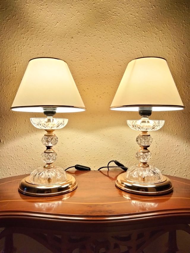 GRANDE COPPIA DI LAMPADE VINTAGE IN CRISTALLO DI BRONZO