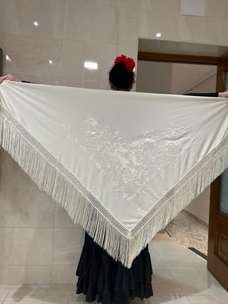 Mantón bordado de pico en beige XXL