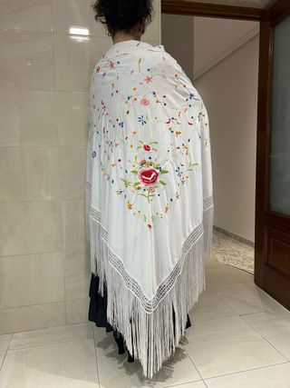 Mantón de manila Cuadrado grande blanco multicolor