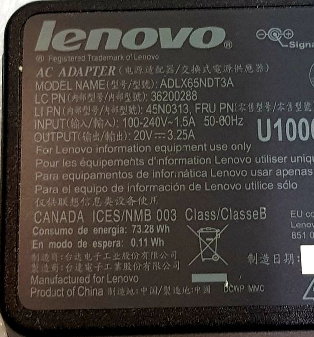 Lenovo Cargador Original adlx90nlt3a 20V 4.5A