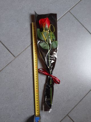 Rosa in plastica, confezionata perfettamente.