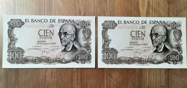 Billetes de 100 pesetas 1970. Pareja correlativa.