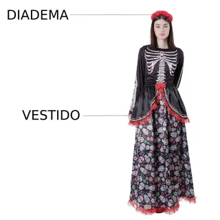 Disfraz Catrina Vestido con Diadema Adulto Talla L
