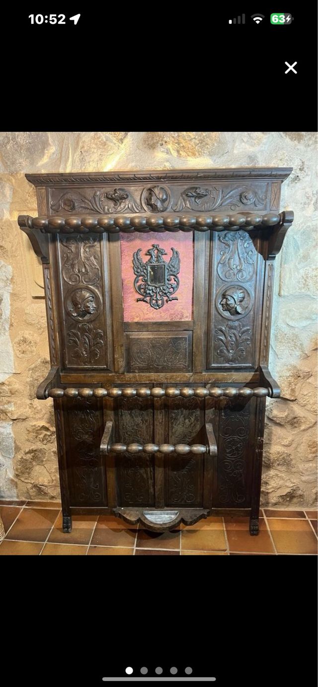 Antico percherò paragüero in legno massello intagliato a mano con specchio centrale