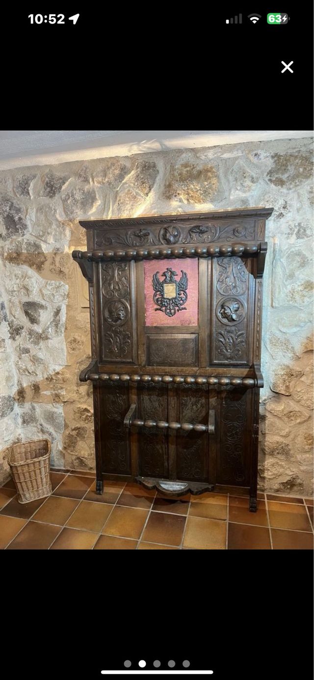 Antico percherò paragüero in legno massello intagliato a mano con specchio centrale