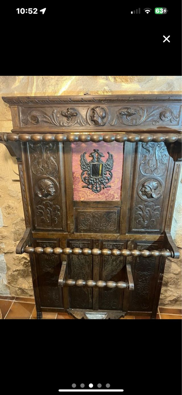 Antico percherò paragüero in legno massello intagliato a mano con specchio centrale