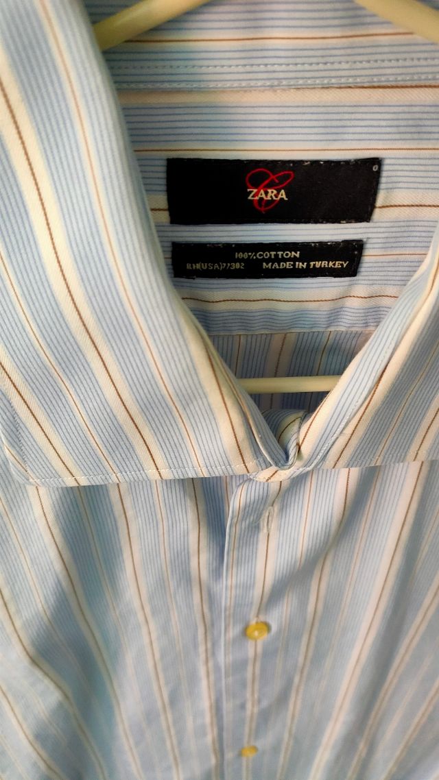 Camisa rayas celeste, blanca y marrón 