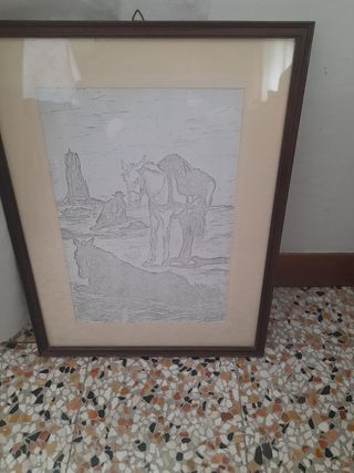 Quadro in carboncino con cavalli 
