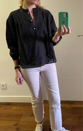 Camisa canesú tela círculos antracita S