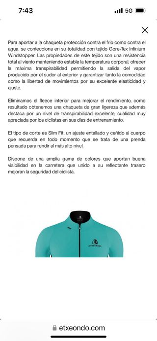 Chaqueta Etxeondo GoreTex Infinium Windstopper