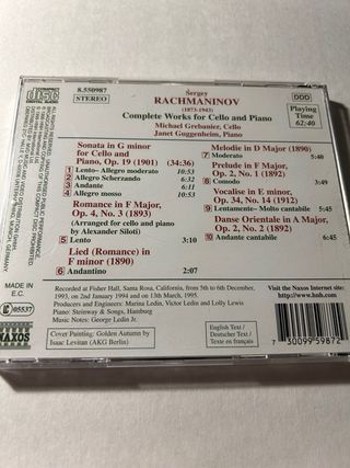 CD Rachmaninov Obras completas para chelo y piano