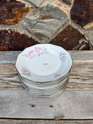 SET PLATOS POSTRE LIMOGES ROSA/GRIS