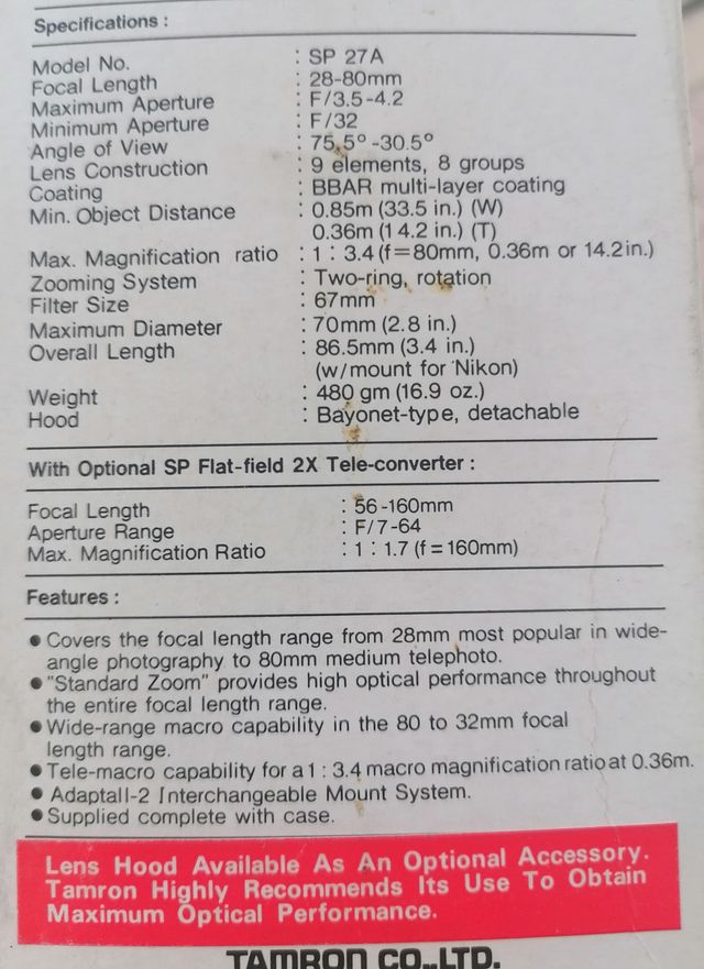 OBIETTIVO TAMRON 28-80mm. F. 3,5-4,2