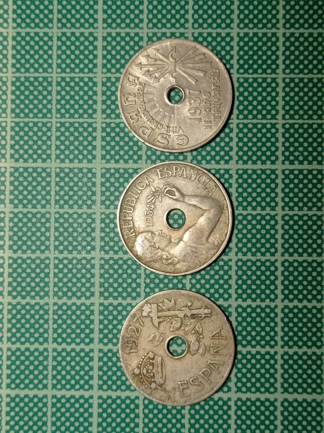 Monedas de 25 céntimos 1927, 1934 y 1937