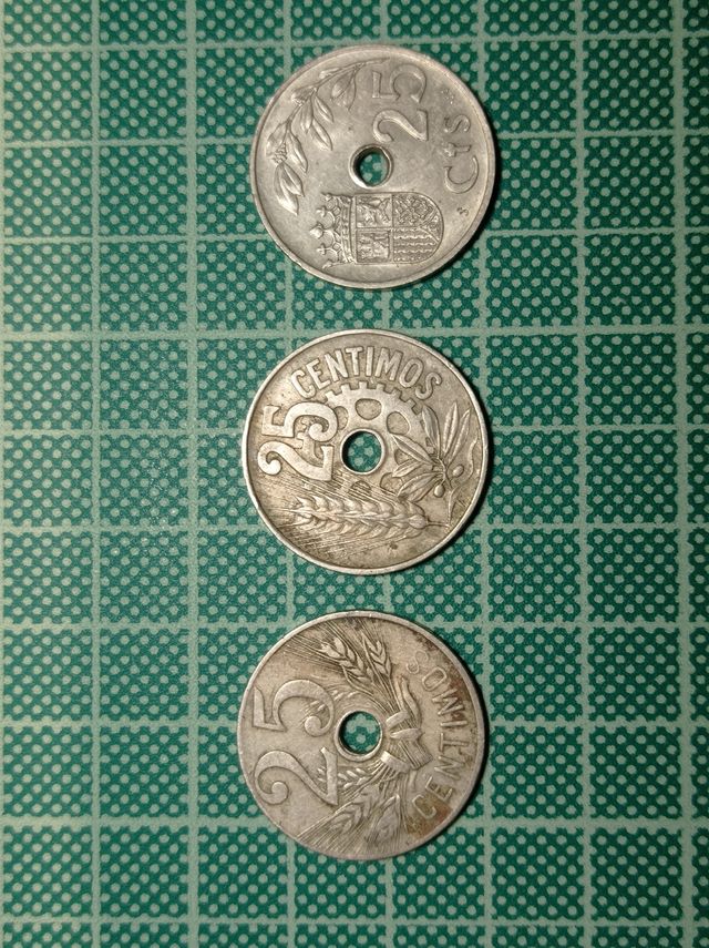 Monedas de 25 céntimos 1927, 1934 y 1937