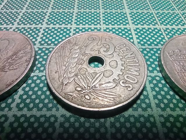 Monedas de 25 céntimos 1927, 1934 y 1937