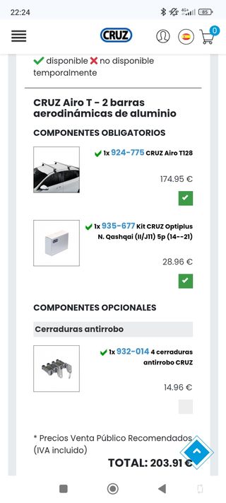 Barras cruz airo t128