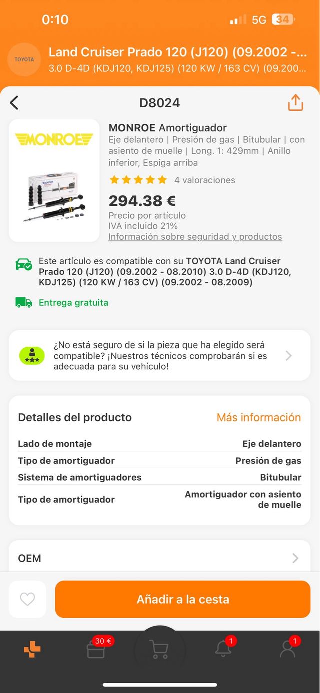 Amortiguadores monroe delanteros toyota land j12